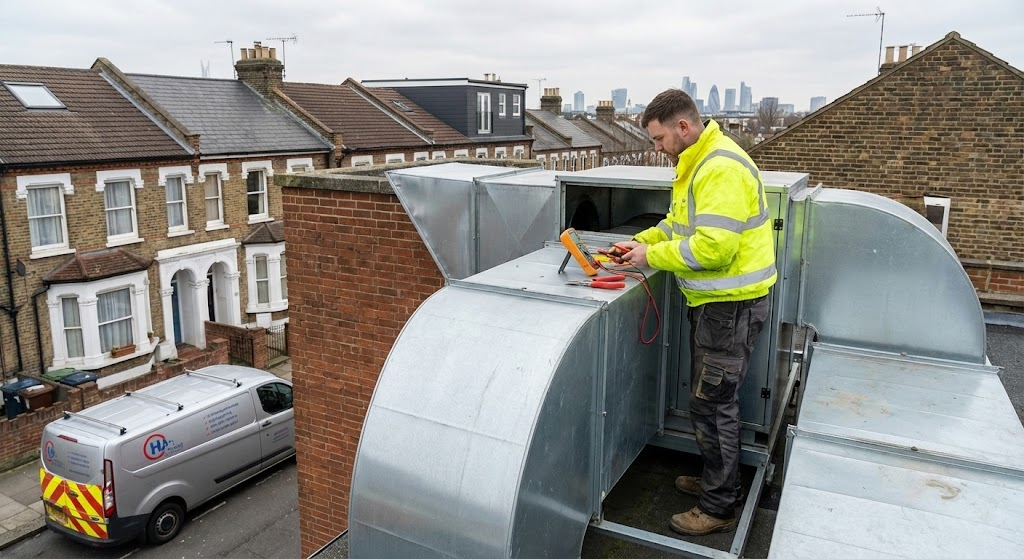 Detailed Ventilation inspection included in professional HVAC maintenance services UK to improve air quality and safety.